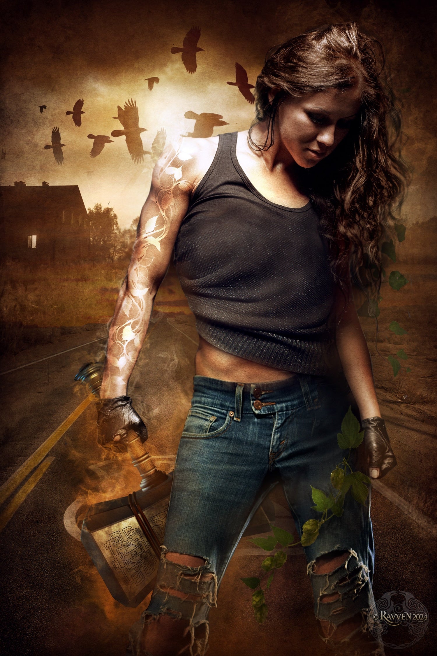 Collage of greenery, postcards with Route 66 on them, and a magical hammer on top of it all