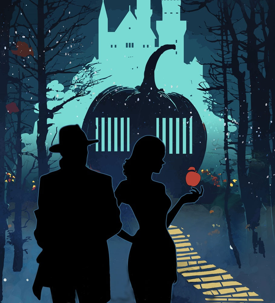 Silhouette of man in fedora and trenchcoat and a woman with a red apple in her hand. Behind them looms a pumpkin with jail cell bars, a yellow brick road, and a castle. 